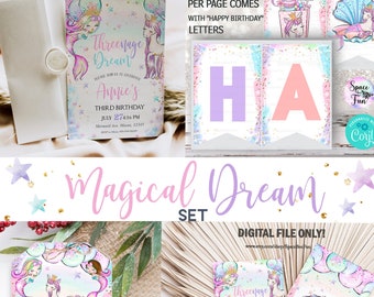 Editable Mermaid Unicorn  Birthday Invitation  Unicorn Magical Dream Mermaid Decorations Party Invite Banner Sign Thank Package Rainbow D111