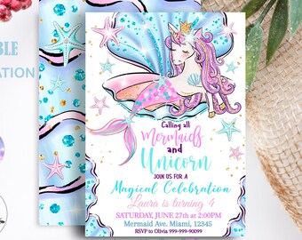 Editable Mermaid Birthday Invitation 4, Unicorn Party Mermaid invite, Girl Pink Purple  Unicorn party, Magical Unicorn Instant download M90