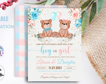 EDITABLE Teddy Bear gender reveal  Teddy Bear Baby Shower Invitation Bear Gender reveal Invite Bear Balloons Invitations Boy Girl Digital