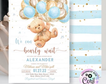 Editable Teddy Bear Baby Shower Invitation We Can Bearly Wait Boy, hot air balloon Bear Theme Baby Shower invite Boy Bear with template B1