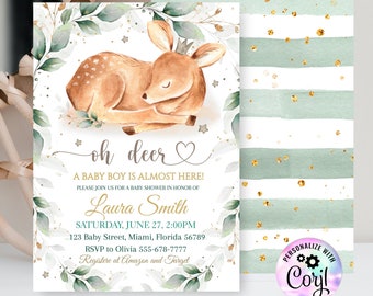 EDITABLE Oh Deer Baby Shower Invitation Boy, Baby Deer boy invites, wishful baby shower, Woodland Baby Shower , Printable instant downl Q27