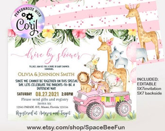 EDITABLE Safari Animal Drive Through Baby shower Girl, Drive By Baby Shower Invite Social Distancing Baby Shower Instant Download