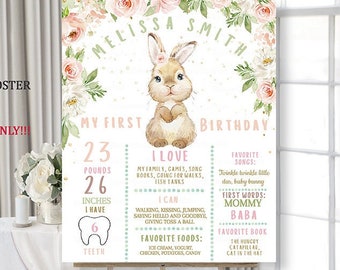 EDITABLE Bunny Milestone Poster, First Birthday Rabbit sign, Floral Pink and gold Milestone board 1st birthday board Instant download B27