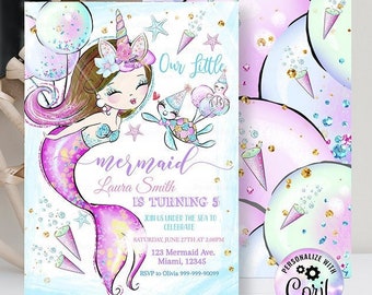 Editable Mermaid Birthday Invitation Unicorn Mermaid Party invite, Pool invite, Unicorn Magical party, Mermaid invites Instant downloa D111