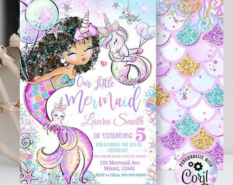 Editable Black Mermaid Birthday Invitation Unicorn Mermaid African Girl Dark skin Party invite, Pool  Unicorn Magical party, Mermaid  D111