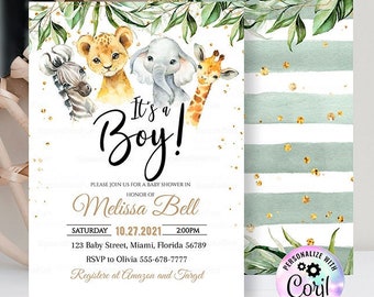 EDITABLE Safari Baby shower Invitation Boy Gold  Young Wild baby shower Invite Jungle Animals invite Printable template Instant Download 077