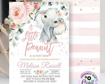 EDITABLE Elephant Baby Shower Invitation Girl, Safari  Pink Blush Elephant Invite, Safari Invit Floral Flower Elephant template download 077