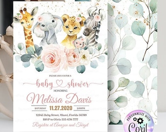 EDITABLE Safari Baby shower Invitation Girl, Young Wild baby shower Invite Jungle Animals giraffe elephant lion Printab Instant Download 077