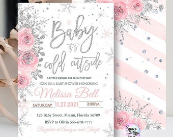 Winter wonderland baby shower girl invitation It's Cold Outside Winter Floral Snowflake Shower Editable template instant download 029