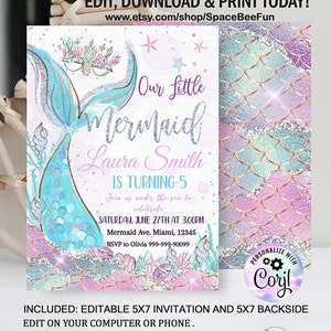 Mermaid Birthday Invitation, Mermaid Party Invite, Under the Sea Birthday, Editable Digital Printable template Instant Download D111