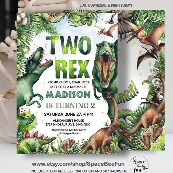 Editable Dinosaur TWO Rex Invitation Boy, Dinosaur Party birthday invitation, Dino, Tropical Two rex birthday, two rex invite download DD