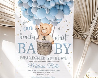 Editable Teddy Bear Baby Shower Invitation, We Can Bearly Wait, Bear Themed Baby Shower invite Boy Bear with Balloons Invitations Instant