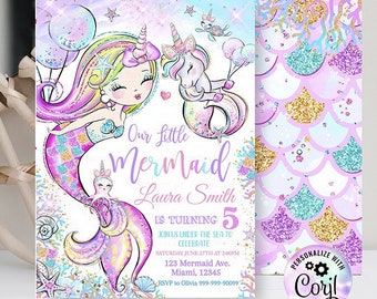 Editable Mermaid Birthday Invitation, Unicorn Party Mermaid invite, Girl Pink Purple Gold Unicorn party, Magical Unicorn Instant download