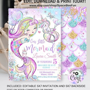 Editable Mermaid Birthday Invitation, Unicorn Party Mermaid invite, Girl Pink Purple Gold Unicorn party, Magical Unicorn Instant download