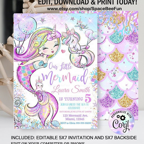 Editable Mermaid Birthday Invitation, Unicorn Party Mermaid invite, Girl Pink Purple Gold Unicorn party, Magical Unicorn Instant download