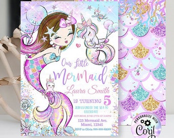 Editable Mermaid Birthday Invitation Unicorn Mermaid Brunette Party invite, Pool invite, Unicorn Magical party, Mermaid invites downloa D111