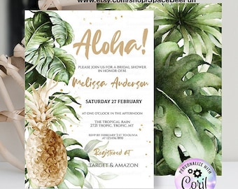 EDITABLE Tropical Aloha Bridal Shower Invitation Summer Wedding Shower Invite, Gold Pineapple, bachelor party Invites Instant Download TT1