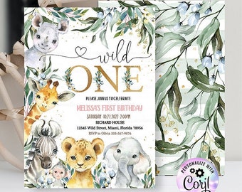 Invitation d’anniversaire Safari modifiable, Wild One BOY Party 1st Birthday invitation, Jungle Animals Invitations, 1st Birthday Gold Template Dow B27