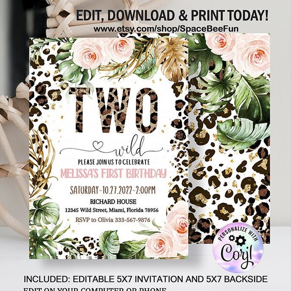 Two Wild Birthday Girl Invitation Etsy