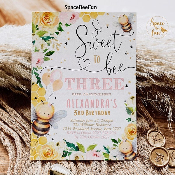 Bee Honey THREE Birthday invitation Boho Pampas Grass Girl Bee Honey Party Pink So Sweet to Bee 3RD invite Editable template download BE1