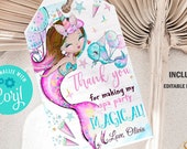 Editable Mermaid Birthday favor tag Brunette Mermaid Unicorn Party Mermaid invite, Pink Purple Unicorn party, Magical Unicorn download D111 Il_170x135