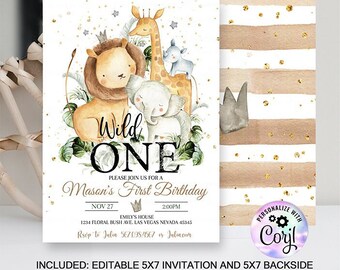 EDITABLE Wild one Birthday Boy Invitation,  Safari Boy Invites, First Birthday Jungle animals invitations 1st birthday Digital instant downl