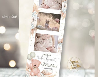 Teddy bear Baby Shower Gender nat Photobooth Template Boho pampas Grass Photo Booth  2x6 photo strip decorations Photo Prop sign Editable B1
