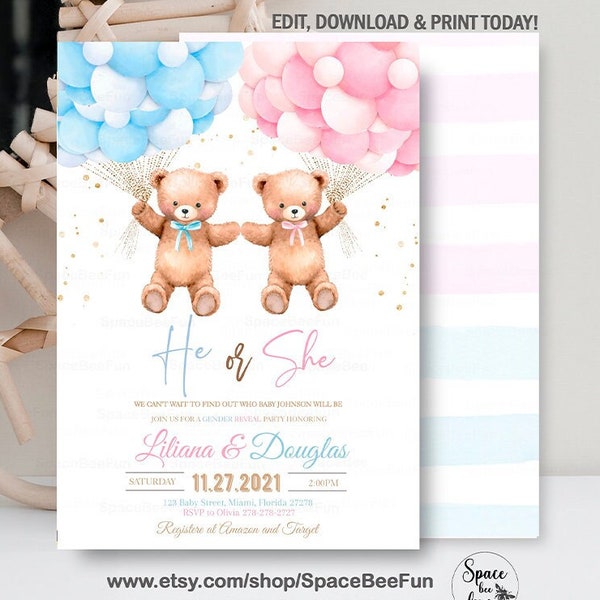 Teddi Bear Baby Shower Invitation He or She Gender Reveal Baby Shower Invitation Hot air balloon Editable Template Digital Download B1