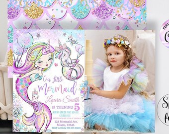 Editable Mermaid Birthday Invitation Unicorn Mermaid With photo Party invite, Pool invite, Unicorn Magical party, Mermaid invit downloa D111