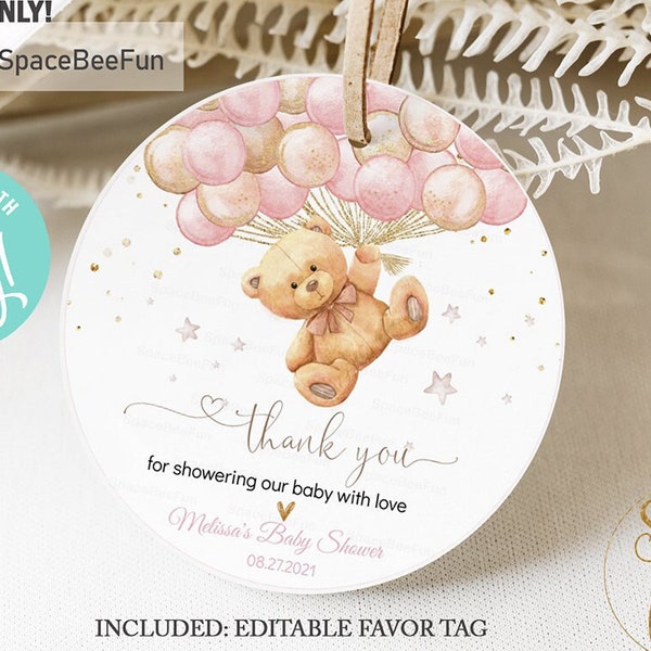 Editable Teddy Bear Baby Shower Favors Bear Baby Shower Thank you tags Favor tag Bear Girl Balloons Gift tags template download digital B1