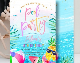 Editable Pool Party Invitation Tropical party Pool Party Invitation Swim Pool Birthday Party Pineapple Summer Swimming Instant Download V1