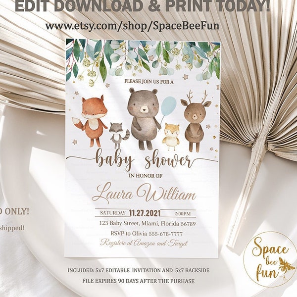 EDITABLE Woodland Baby Shower Invitation, Bear Woodland animals   Gender Neutral invites woodland animals  Woodland  Theme decoration A1