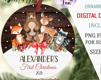 EDITABLE Baby's First Christmas Ornament Deer, Woodland animal sublimation design First Christmas Baby Name template downloads 022