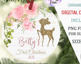 EDITABLE Baby's First Christmas Ornament Deer, ornament sublimation design, Personalized First Christmas Baby Name template downloads 022