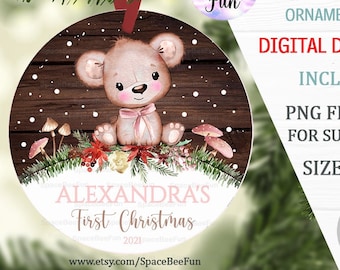 EDITABLE Baby's First Christmas Ornament Bear Girl, Woodland animal sublimation design First Christmas Baby Name template downloads 022