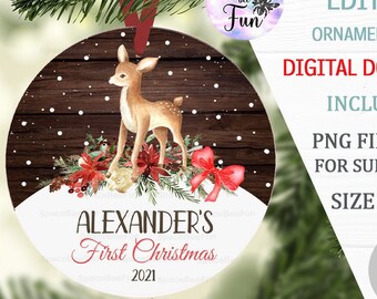 EDITABLE Baby's First Christmas Ornament Deer, ornament sublimation design, Personalized First Christmas Baby Name template downloads 022