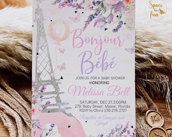 Paris Baby Shower Invitation Bonjour Bebe Baby Shower Editable Paris French Pink Purple Eiffel  Theme Paris Invitation Instant Download P1