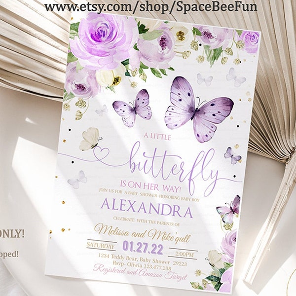 Editable Butterfly Purple Baby Shower Invitation A Little Butterfly Is On The Way Girl Butterfly Theme  Shower Instant Download BF1