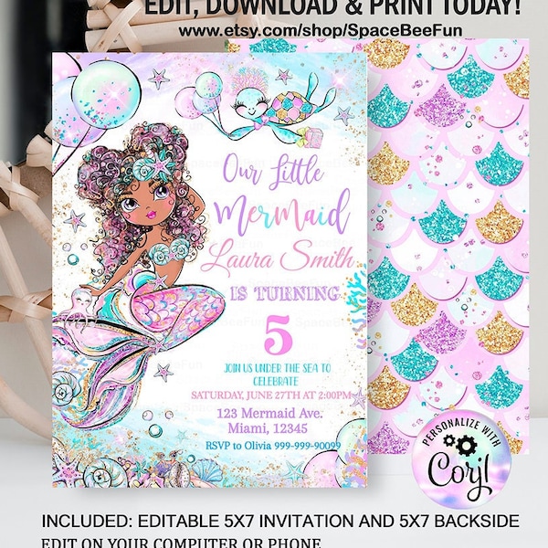 Editable Black Mermaid Birthday Invitation Afro Girl Mermaid Party invite, Pool invite, Unicorn Magical party, Mermaid invites downloa D111