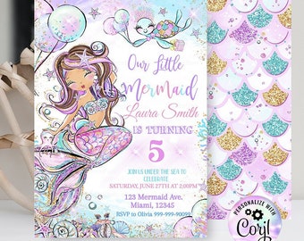 Editable Mermaid Birthday Invitation Mermaid  Brunette Party invite, Pool invite, Magical party, Mermaid Sea Ocean  download D111