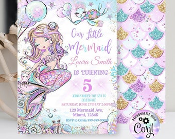 Editable Mermaid Birthday Invitation, Unicorn Party Mermaid invite, Girl Pink Purple Gold Unicorn party, Magical Unicorn Instant download
