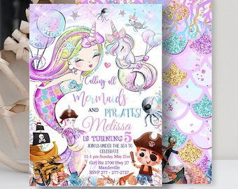 Editable Mermaid Birthday Invitation Unicorn Mermaid and Pirates Party invite, Pool invite, Unicorn Magical party, Mermaid invites down D111