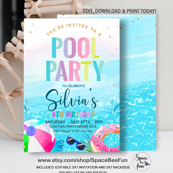 Editable Pool Party Invitation Tropical party Pool Party Invitation Swim Pool Birthday Party Summer Swimming Pool Party Instant Download V1