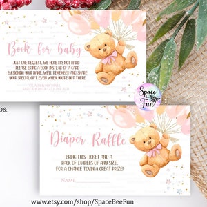 Editable Teddy Bear Baby Shower Book and Diaper Raffle Invitation, Games We Can Bearly Wait, Bear Shower invite Girl Bear with downloadB1 image 1