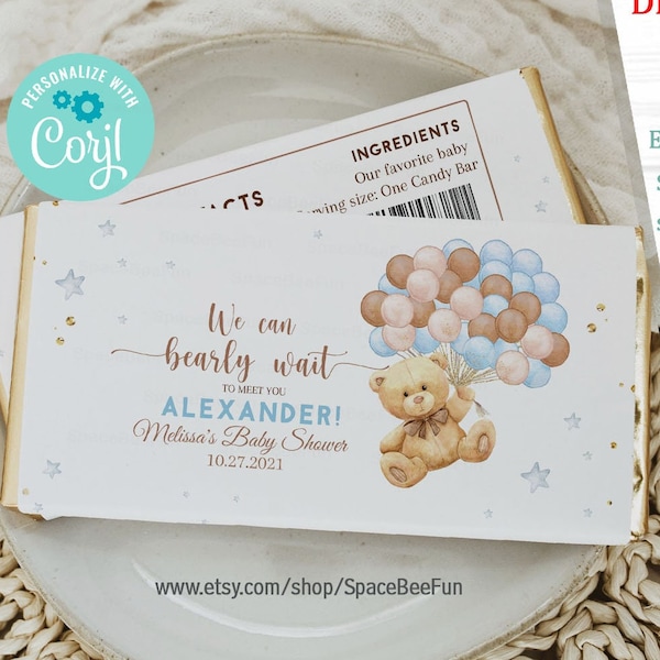 EDITABLE Teddy Bear Baby shower Boy, Chocolate Bar Wrapper Template Candy Bar Wrapper, Montgolfière marron bleu Digital Download B1