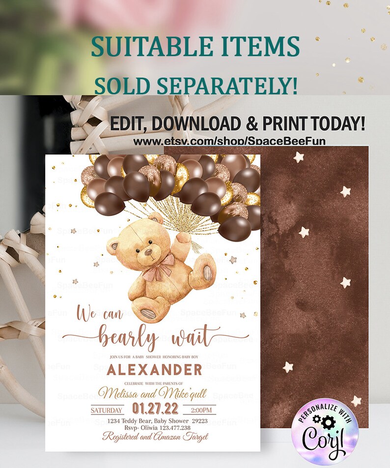 EDITABLE Teddy bear baby shower Water bottle label Boy, Decorations Baby Shower Bottle Label Bear Themed Instant download Printable B1 image 2