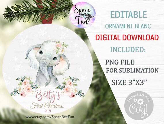 EDITABLE Baby's First Christmas Ornament Elephant, animal sublimation design First Christmas Baby Name template downloads 022 Il_570xn