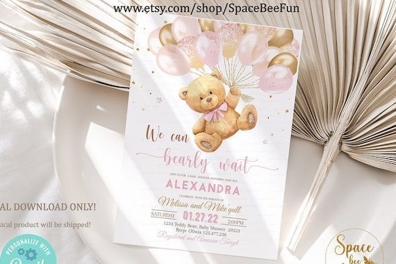 Editable Teddy Bear Baby Shower Invitation We Can Bearly Wait Girl, hot ...