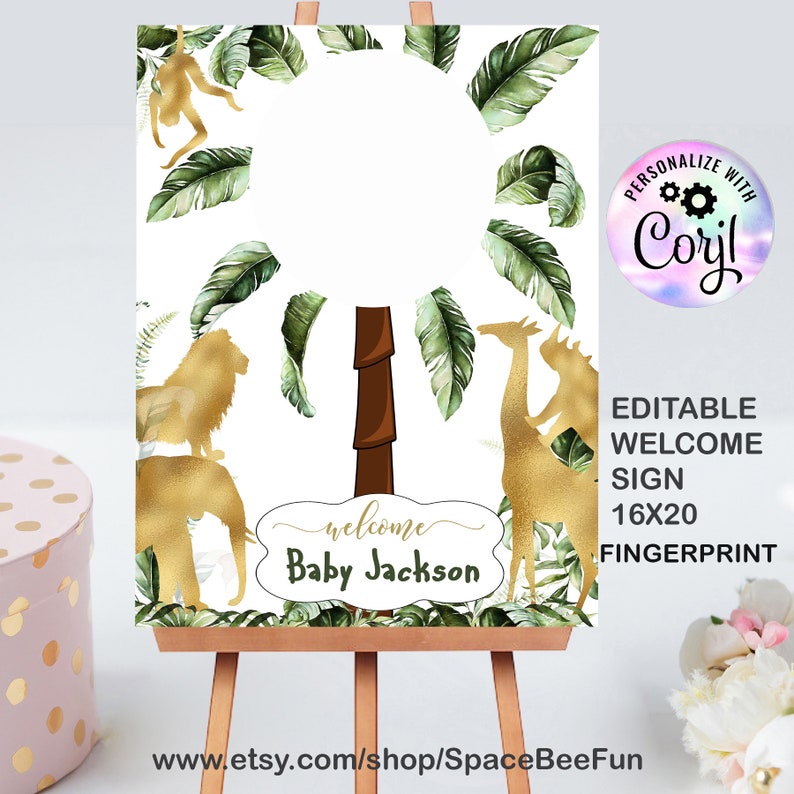 Editable Safari Animals Baby Shower Fingerprint Guestbook Thumbprint Jungle Guest Book Tree Jungle Wild One Gold invite Template Printable image 2