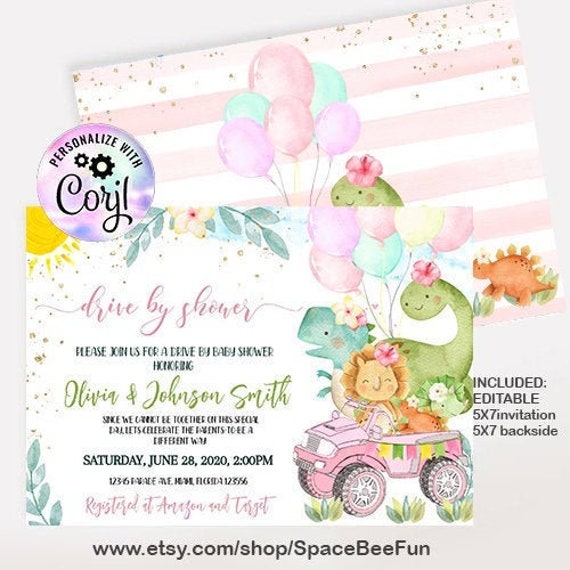 Editable Dinosaur Drive By Baby Shower Invitation Dino Girl Drive
